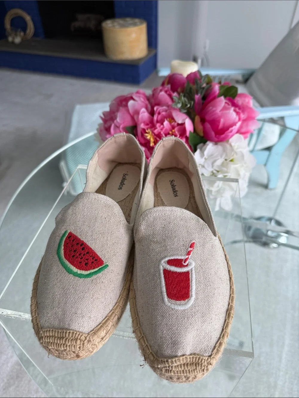 Soludos Embroidered Watermelon & Drink Espadrilles Neutral Linen Euro Summer 9.5